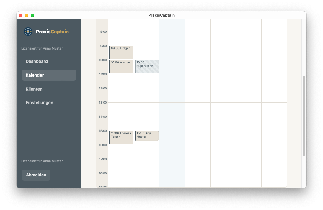 PraxisCaptain Kalender in der Wochenansicht mit mehreren Terminen